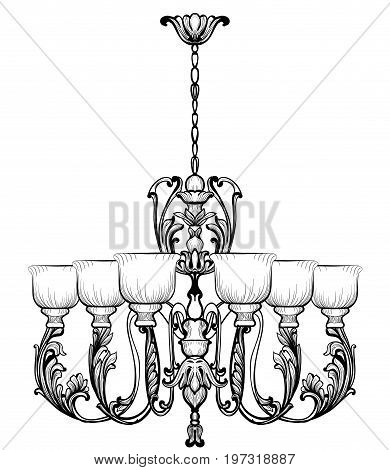 Rich Baroque Classic chandelier. Luxury decors accessory design. Vector illustration sketch