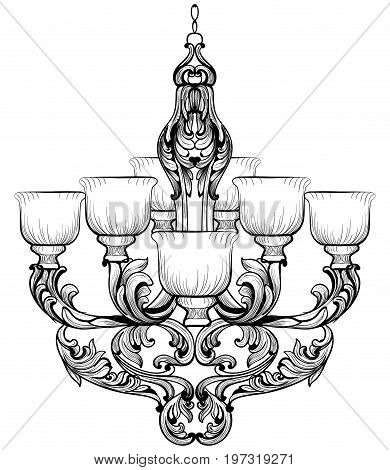 Rich Baroque Classic chandelier. Luxury decors accessory design. Vector illustration sketch