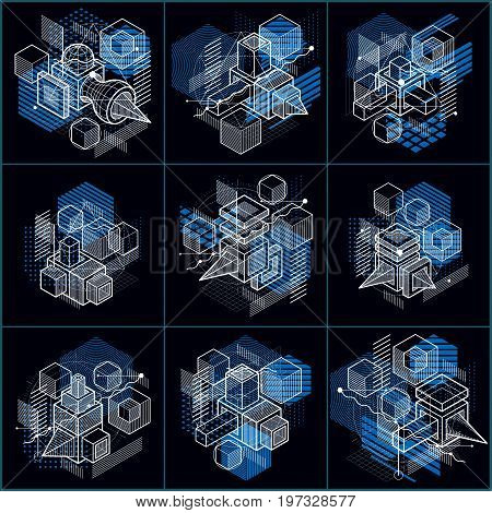 Lines and shapes abstract vector isometric 3d backgrounds. Layouts of cubes hexagons squares rectangles and different abstract elements. Vector collection.