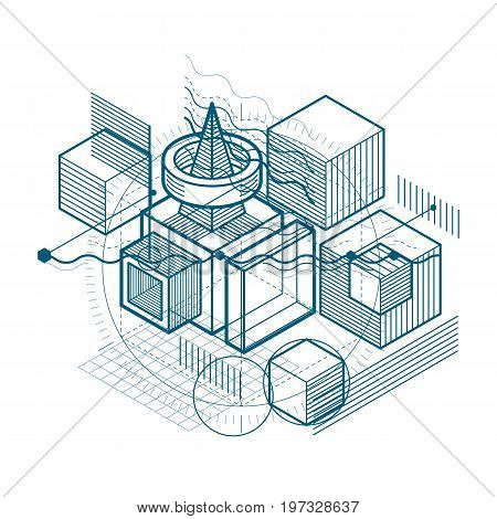 Isometric linear abstract vector background lined abstraction. Cubes hexagons squares rectangles and different abstract elements.