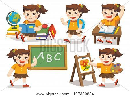 Isolated vector. Back to School. Cute children have fun and sitting at school desk and hand up to answer in class. A cute girl look up with interest and reading.
