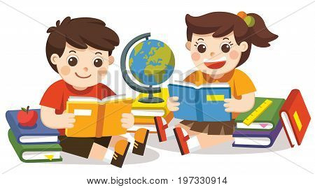 Isolated vector. Two small kids holding open books and reading.