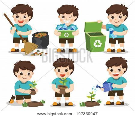 Isolated vector. Set of A cute boy. Save Earth. Waste recycling. Girls planted and watering young trees. He is gathering garbage and plastic waste for recycling.