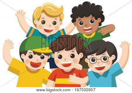 Isolated vector. Boy Group best friends happy smiling hugging and waving their hands.