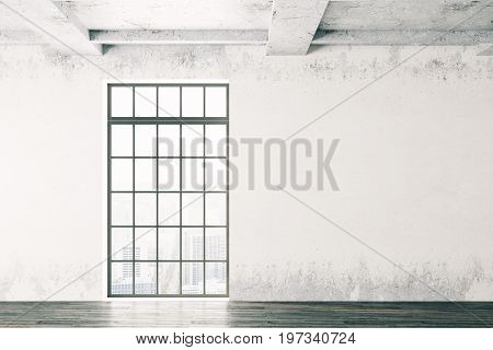 Room interior with copy space on aged concerete wall ceiling window with city view wooden floor and daylight. Mock up 3D Rendering