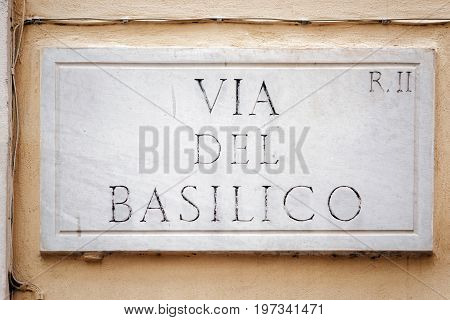 Via Del Basilico Street Sign On Wall In Rome