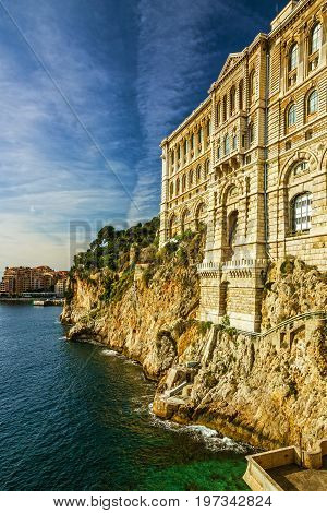 Monaco and Monte Carlo principality. Sea view. Oceanographic museum building