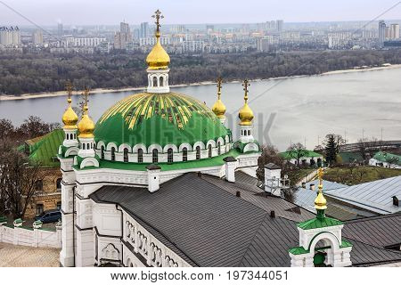 Kiev, Ukraine. Pechersk Lavra Monastery and river Dniepr panoramic city view