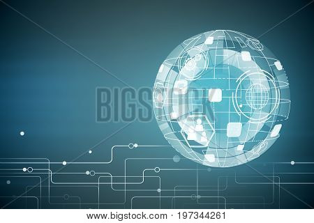Digital data global business screen hologram on blue background. Technology innovation and future concept. 3D Rendering