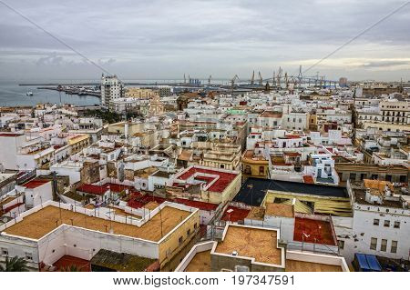 Kadiz town houses sea front view, Spain