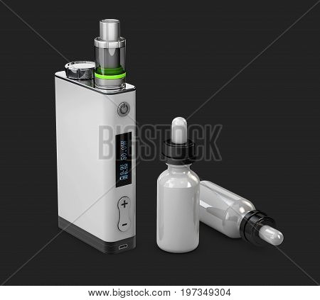 Vape And Bottle With Aromatic Oil. Vapor On Backdrop, 3D Illustration