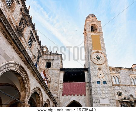 Belfry On Stradun Street In Old Town Dubrovnik