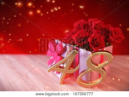 birthday concept with red roses in the gift on wooden desk. 3D render - forty-eighth birthday. 48th