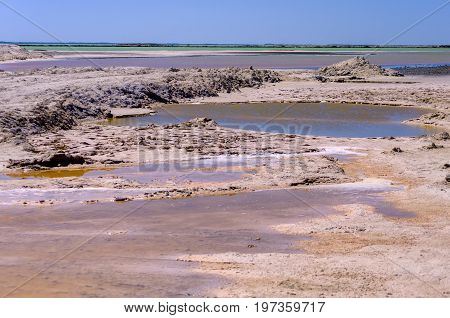 Colorful landscape with salt pools in Rios Lagartos Mexico