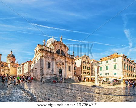 Square At St Blaise Church And People In Stradun Dubrovnik