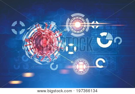 Red virus closeup and many HUD and infographics is seen against a blurred dark blue background. Concept of medicine and science. Toned image double exposure