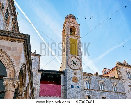 Belfry In Stradun Street In Old Town Dubrovnik