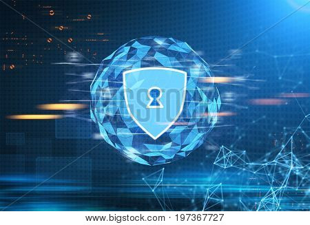 Glowing security shield hologram with a keyhole with an orb background against a blurred blue futuristic surrounding. Polygons. Toned image double exposure mock up