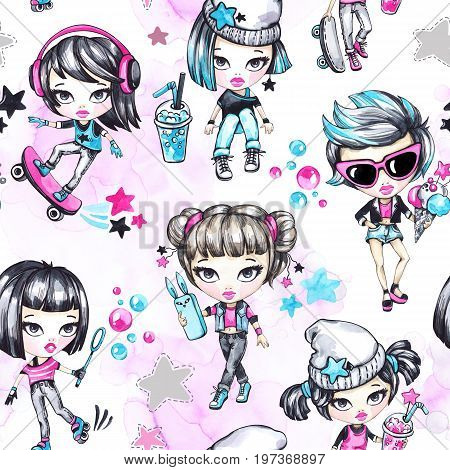 Watercolor seamless pattern with fashion teenagers. Glamorous and sport girls. Summer bright illustration. Have fun. Lifestyle. Can be use in children's designs.
