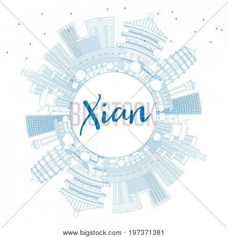 Outline Xian Skyline with Blue Buildings and Copy Space. Business Travel and Tourism Concept with Historic Architecture. Image for Presentation Banner Placard and Web Site.