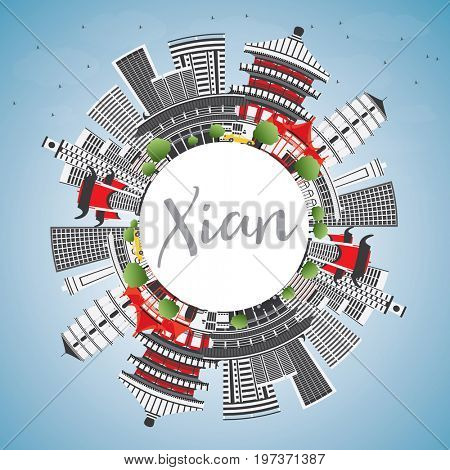 Xian Skyline with Gray Buildings, Blue Sky and Copy Space. Business Travel and Tourism Concept with Historic Architecture. Image for Presentation Banner Placard and Web Site.