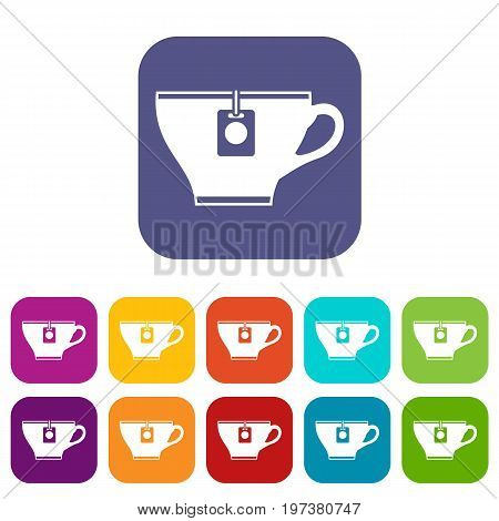 Cup with teabag icons set vector illustration in flat style in colors red, blue, green, and other
