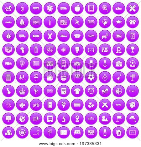 100 bus icons set in purple circle isolated on white vector illustration