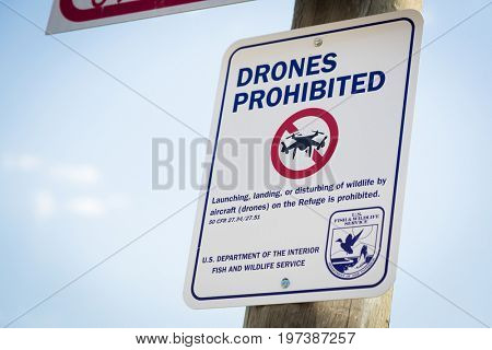 Jackson, WY, USA - July 16, 2017: Drones Prohibited Sign Near Elk Sactuary Near Grand Titons National Park.