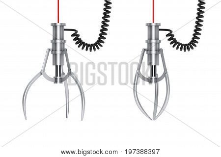Opened and Closed Chrome Robotic Claw on a white background. 3d Rendering.