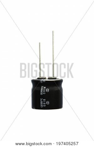 Black electrolytic capacitor Isolated on white background Electronics part concept.