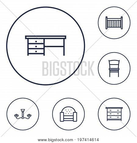 Collection Of Sofa, Desk, Chandelier Elements.  Set Of 6 Set Outline Icons Set.