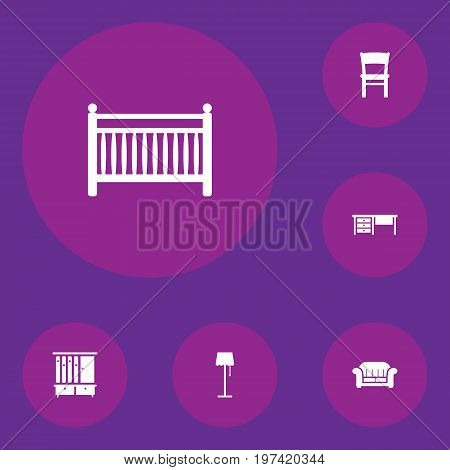 Collection Of Wardrobe, Stool, Couch And Other Elements.  Set Of 6 Situation Icons Set.