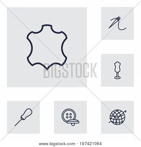 Collection Of Leather, Dummy, Crochet And Other Elements.  Set Of 6 Stitch Outline Icons Set.
