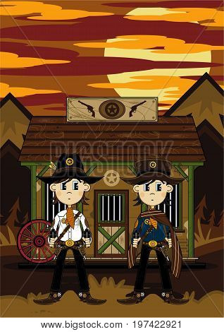 Cute Cartoon Wild West Cowboys at Jailhouse