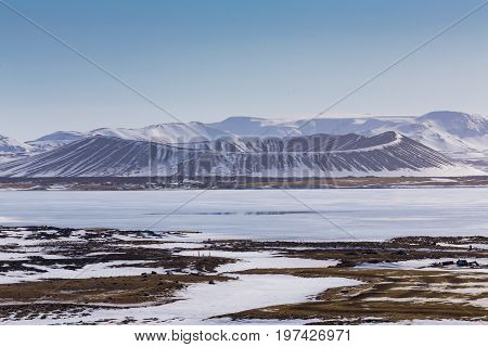 Myvatn Volcano winter seasion natural landscape with clear blue sky background Iceland