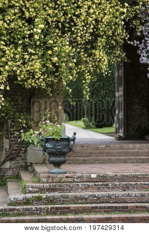 Beautiful English Country Garen Landscape Image Wth Hanging Flowers And Vintage Steps And Plant Urns