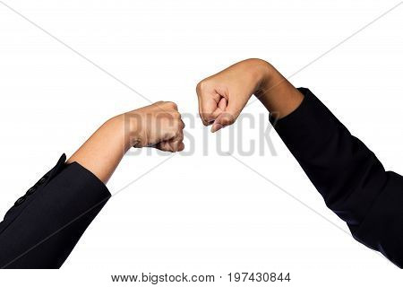 Two Asian young businesswoman wrist bent her hand for knuckles. Blend hand for bent fist. Business hand concept.