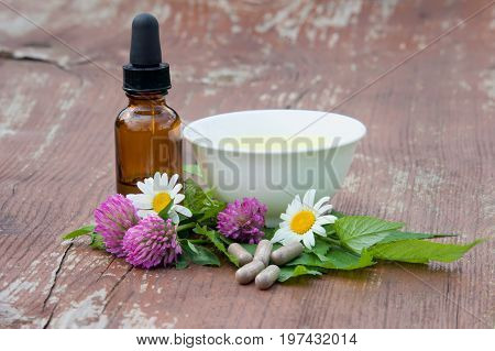 Herbs tincture herb tea and herb capsules from clover leaves of a nettle and on a wooden surface. Herbal Medicine.