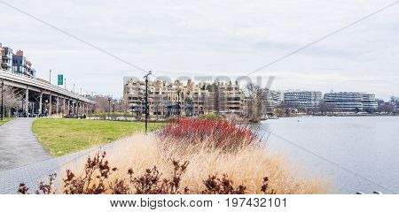 Washington Dc, Usa - March 20, 2017: Panorama Of Georgetown Harbor During Daytime On Riverfront With