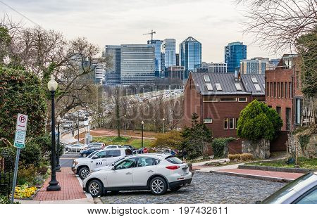 Washington Dc, Usa - March 20, 2017: Georgetown Neighborhood With Steep Street With View Of Key Brid