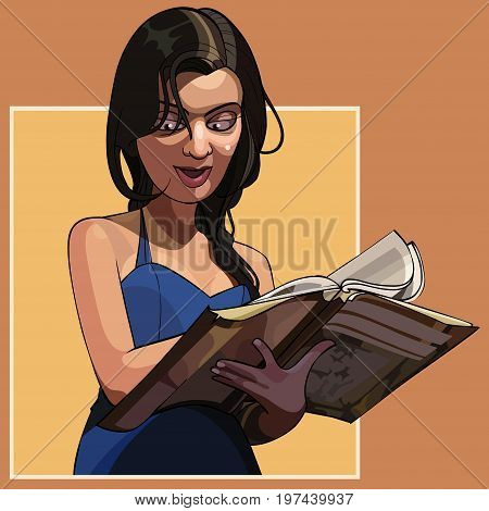 Cartoon woman with interest thumbs a large book