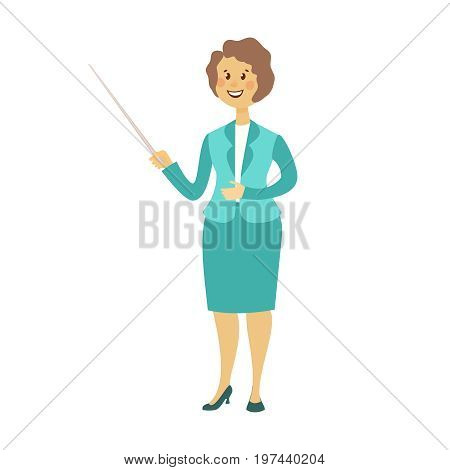 Happy young female business woman or teacher with pointer in hand. Isolated on white background. Cartoon style vector illustration
