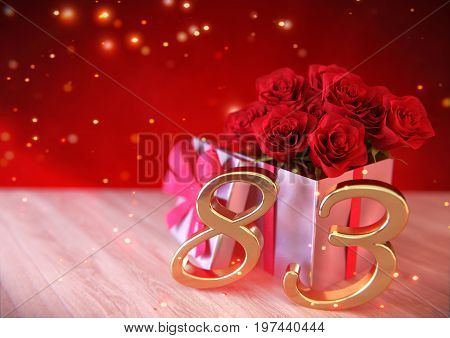 birthday concept with red roses in gift on wooden desk. 3D render - eighty-third birthday. 83rd