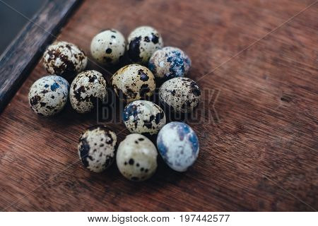 many quail eggs. quail eggs on the brown table. quail eggs on wooden background