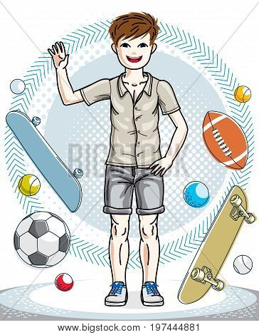 Young teen boy cute children standing wearing fashionable casual clothes. Vector pretty nice human illustration. Fashion and lifestyle theme cartoon.