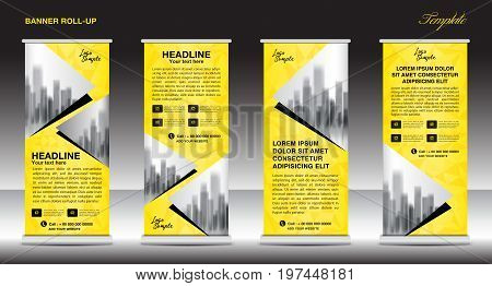 Roll up banner stand template design Yellow banner layout advertisement pull up polygon background vector illustration business flyer display x-banner flag-banner infographics presentation