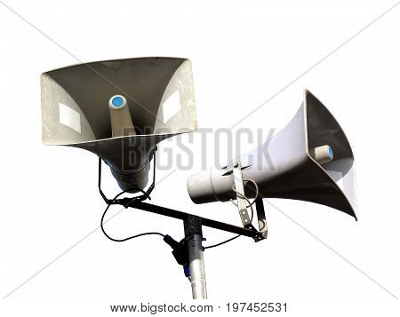 Public address system of two megaphones cut out on and isolated on a white background