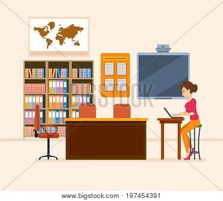 Interior of room for teacher. School worker, class teacher. Workplace. Education and training. Class for education, board, table, study, blackboard and lesson. Vector illustration