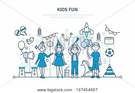 Children party indoor concept. Small happy kids, play, have fun, firecrackers explode, give gifts. Solemn celebration. Illustration thin line design of vector doodles, infographics elements.