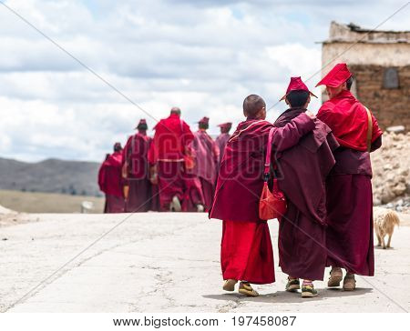 View on group of tibetan monks by Sichuan village in Tibet